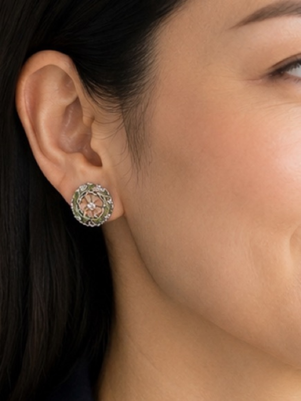 Vintage 1928 Silver Tone Enamel Floral Filigree Earrings Leaves Crystal Flower